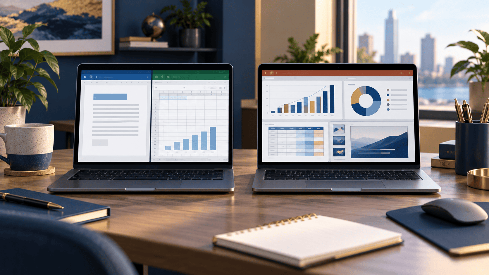 Two laptops showing familiar Office documents and newer spreadsheet workflows