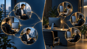 Illustration comparing one person connecting from multiple devices with several people sharing one workstation