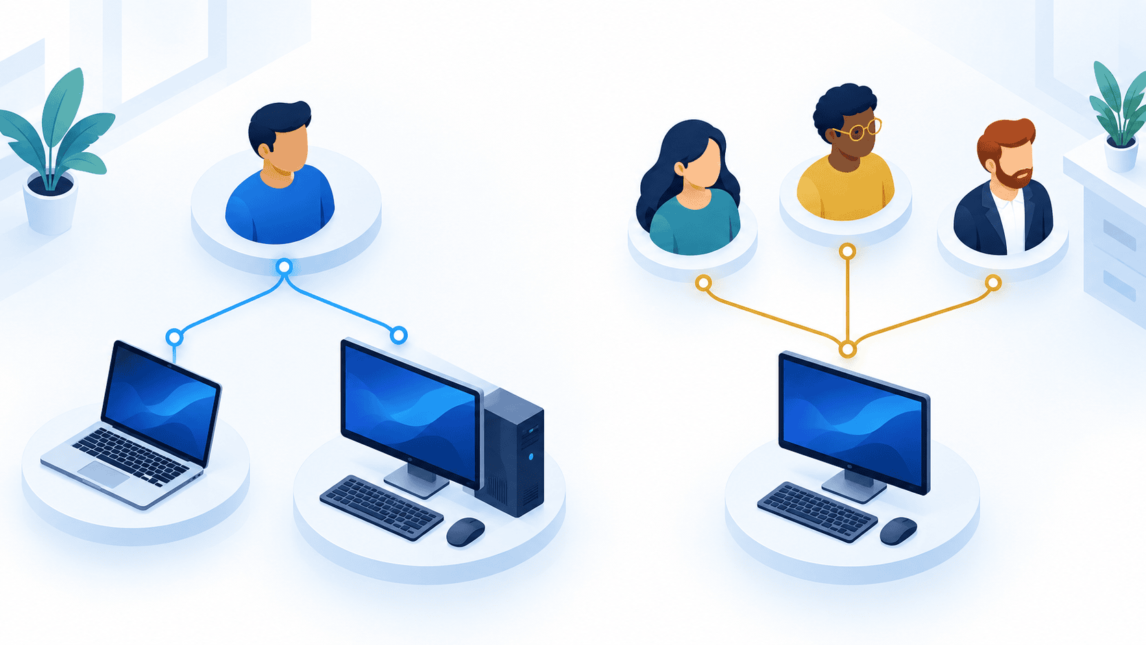 Illustration comparing one user connecting from multiple devices with multiple users sharing one RDS workstation