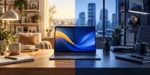 A laptop between a home desk and a business office, illustrating Windows 11 Home versus Pro