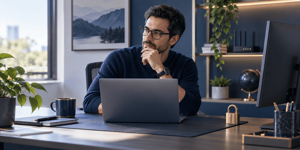 Professional working at a laptop, representing Windows 11 Pro business and security features